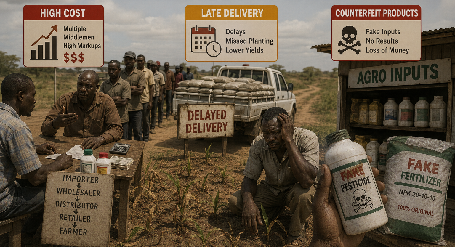 A farmer waiting beside sacks of agricultural inputs on a rural roadside